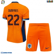 Camisa de Futebol Holanda Denzel Dumfries #22 Equipamento Principal Infantil Europeu 2024 Manga Curta (+ Calças curtas)